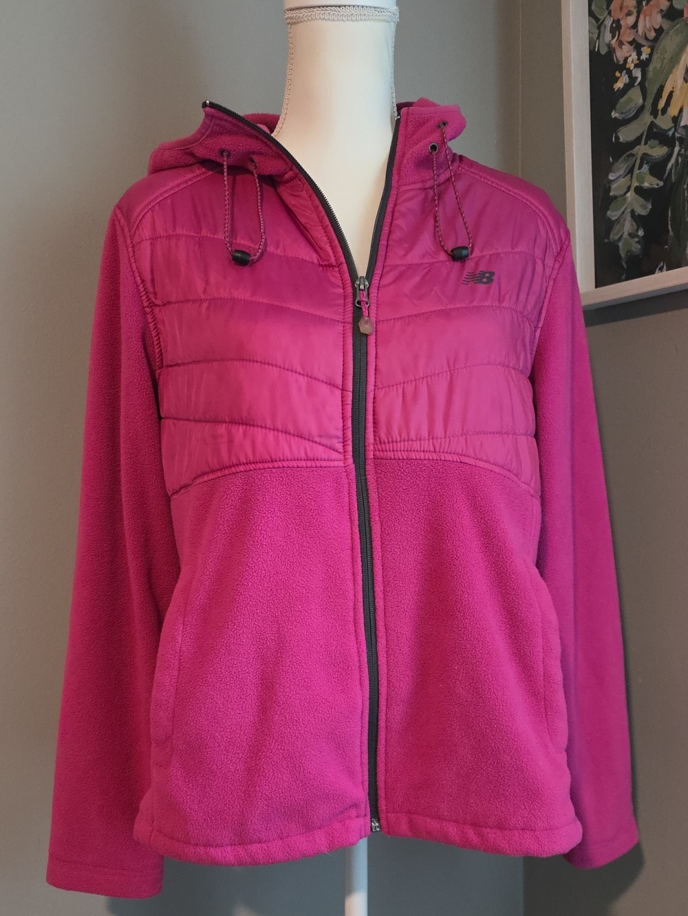 New Balance Bright Magenta Quilted-Panel Hooded Fleece Jacket Size Large
